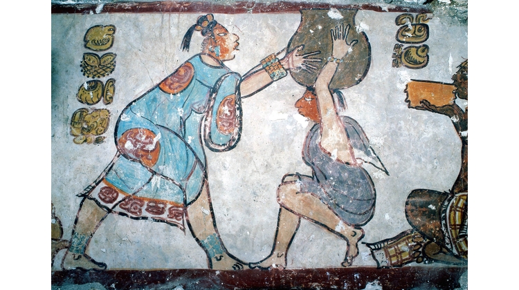 Pintura mural de la acrópolis maya Calakmul en Campeche 